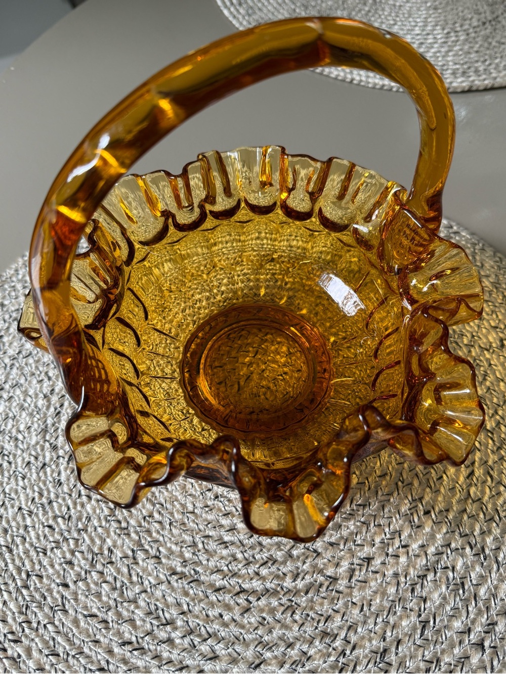 Amber Glass Ruffled Basket with Handle - Decorative Home Accent